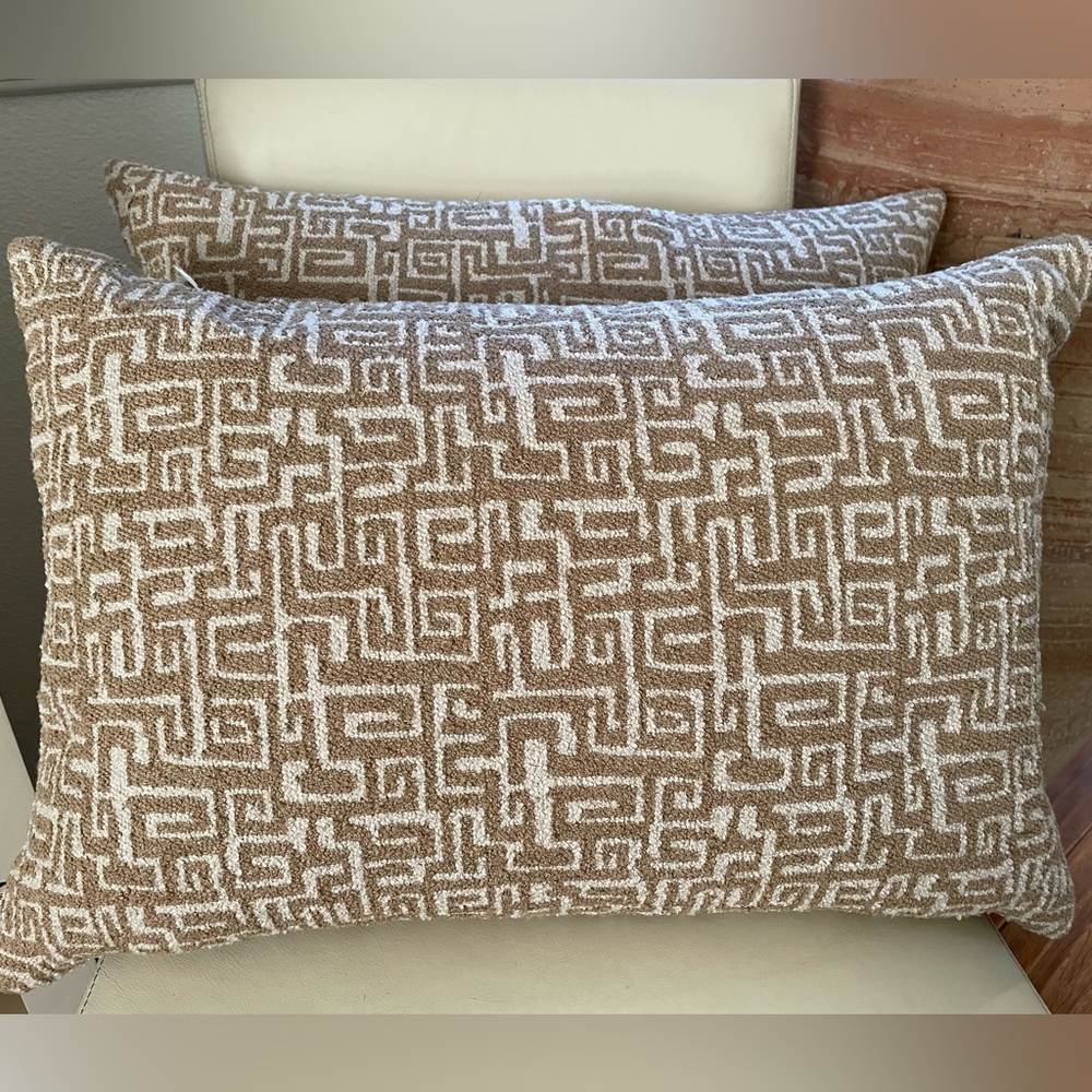 Set 2- HOEM England Pillow COVERS- Lumbar Boucle’ Accent Greek Key Tan/Ivory NWT